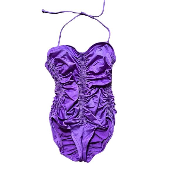 VTG 50s DE WEESE DESIGN Halter Tie Ruched One Piece Swimsuit in Purple SZ 6 - Picture 1 of 12